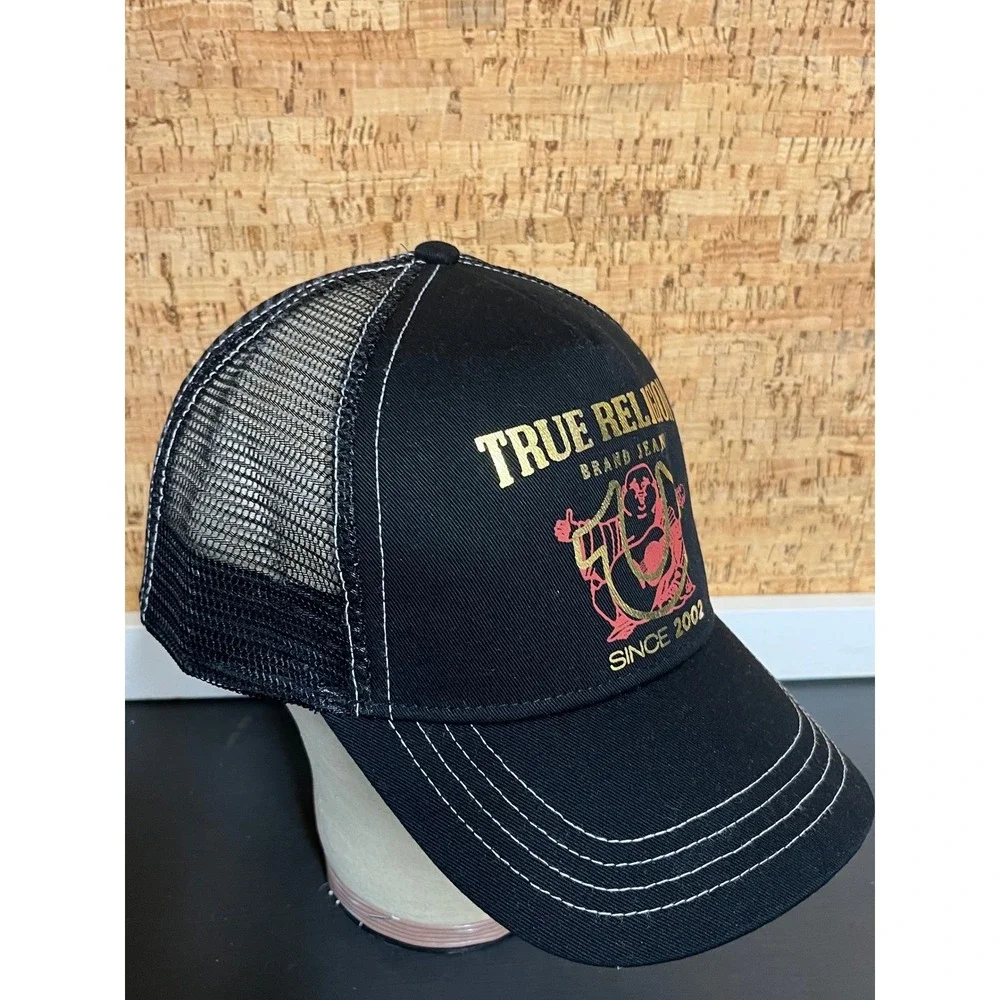 True Religion Mens Black Gold Buddha Logo Mesh Trucker Hat Snapback TR4108 NWT